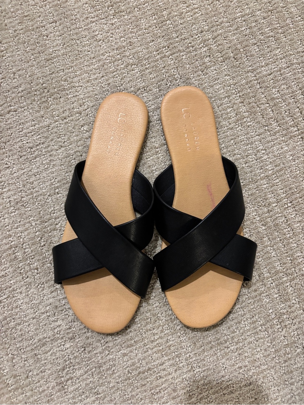 LC Lauren Conrad Black Crossband Slide Sandals with Tan Footbed